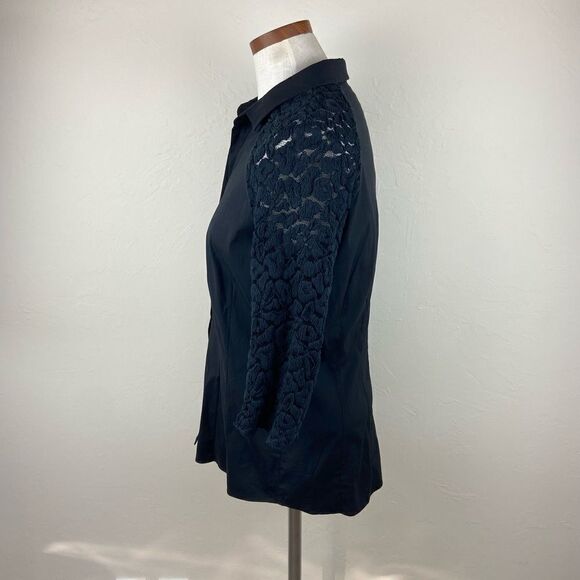 Lafayette 148 Collared 3/4 Lace-Sleeve Button-Down Shirt - Black - Picture 5 of 7